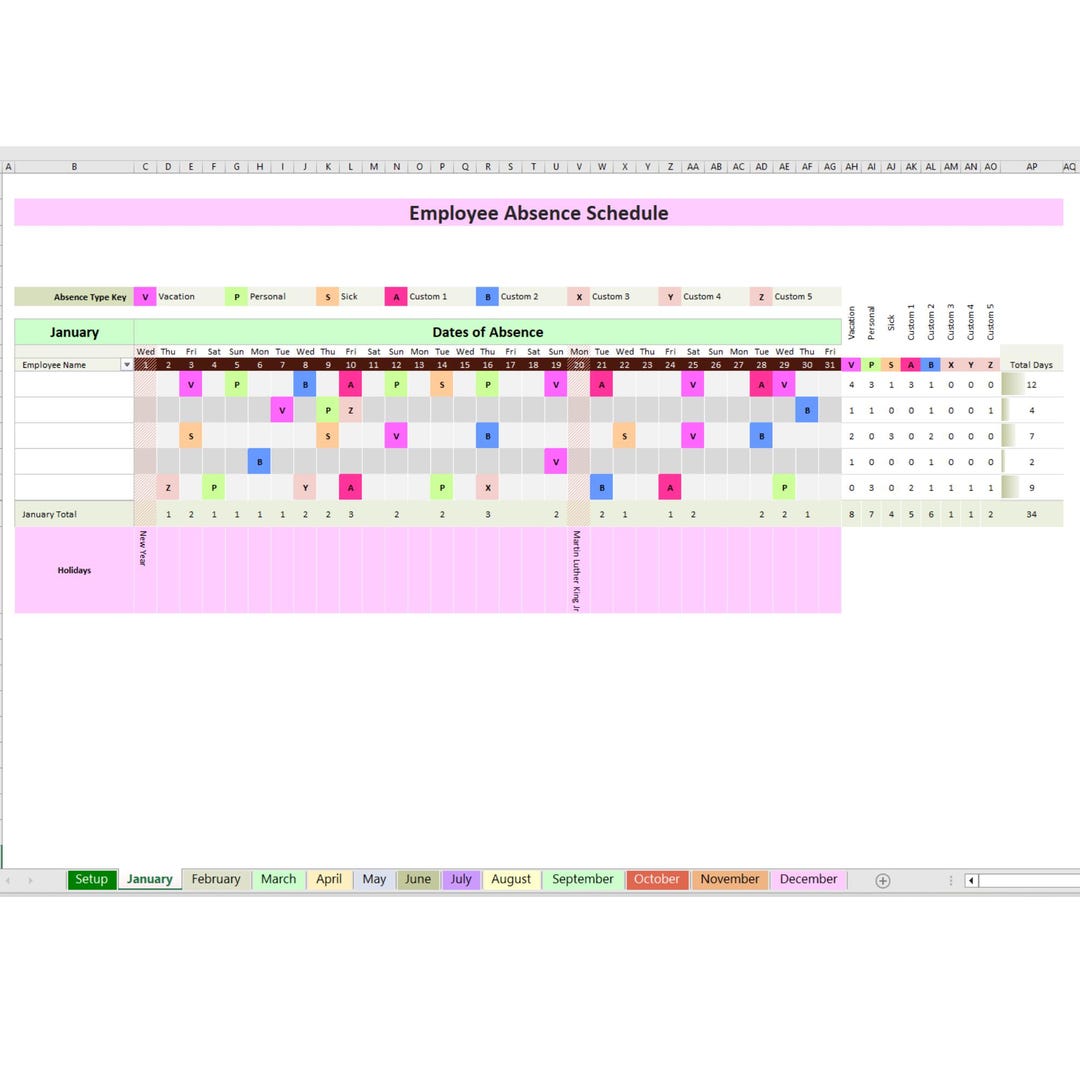 Visual Absence Calendar Employee Absence Tracker Calendar| Tracking Points | Editable Excel ...