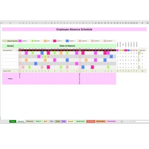 Könnte beinhalten: Eine Tabelle mit dem Titel "Employee Absence Schedule" in Rosa und Grün. Der Zeitplan enthält einen Schlüssel für Abwesenheitsarten und eine Kalenderansicht zur Verfolgung von Mitarbeiterabwesenheiten, wobei der Monat Januar hervorgehoben ist.