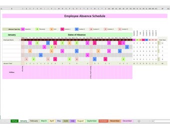 May include: A spreadsheet titled "Employee Absence Schedule" with a pink and green colour scheme. The schedule includes a key for absence types and a calendar view for tracking employee absences, with the month of January highlighted.