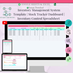 Peut inclure: Un modèle numérique de système de gestion des stocks affiché sur un ordinateur portable, une tablette et un moniteur. L'écran affiche une feuille de calcul avec des données, et le texte indique "Modèle de système de gestion des stocks".