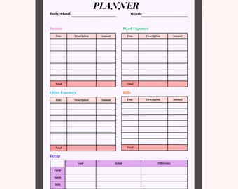 Planificador de presupuesto mensual imprimible (A4, PDF) | Registro de gastos, organizador de ingresos y facturas, hoja de gestión financiera, registro de presupuesto de finanzas personales