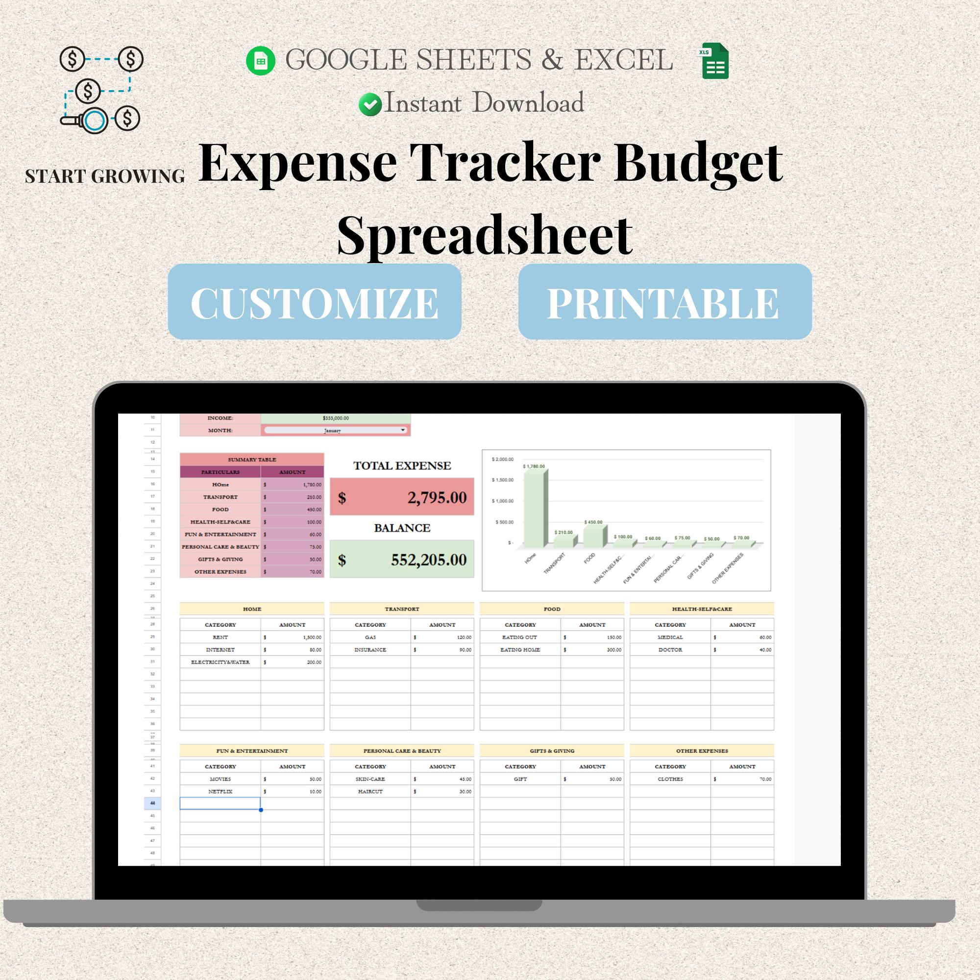 Expense Tracker Spreadsheet Google Sheets Excel | Personal Finance ...