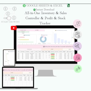 Könnte beinhalten: Ein digitaler Inventar- und Verkaufscontroller sowie ein Gewinn- und Lagerbestandstracker, der auf einem Computermonitor, Tablet und Laptop angezeigt wird. Die Tabelle zeigt Diagramme, Grafiken und Datentabellen. Der Text enthält "Google Sheets & Excel".