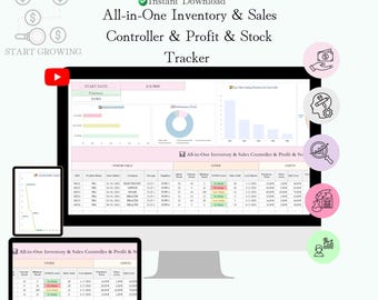 Rastreador de inventario todo en uno, hoja de cálculo de gestión de stock, calculadora, panel de control de ganancias de ventas, planificador para pequeñas empresas, alertas de stock automatizadas