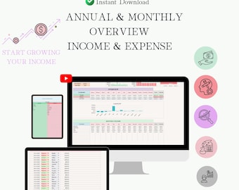 Seguimiento de ingresos y gastos Resumen anual y mensual Planificador de presupuesto Excel Hojas de cálculo de Google Contabilidad de flujo de caja empresarial Planificador financiero