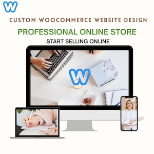 以下が含まれることがあります： 「CUSTOM WOOCOMMERCE WEBSITE DESIGN」、「PROFESSIONAL ONLINE STORE」、および「START SELLING ONLINE」というテキストを含むデジタルマーケティング画像。画像には、ウェブサイトのデザイン要素を表示するコンピューターモニター、ラップトップ、およびスマートフォンが表示されています。