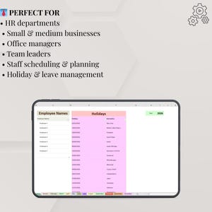 May include: A tablet displays a spreadsheet with employee names and holiday dates for 2026. The screen shows a pink-highlighted holiday schedule. Text above the tablet reads "PERFECT FOR" followed by a list of business-related departments.