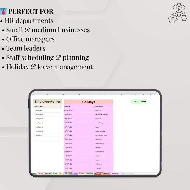 May include: A tablet displays a spreadsheet with employee names and holiday dates for 2026. The screen shows a pink-highlighted holiday schedule. Text above the tablet reads "PERFECT FOR" followed by a list of business-related departments.