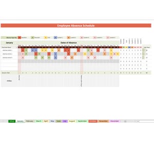Peut inclure: Un calendrier des absences des employés pour janvier, avec une légende codée par couleur pour les vacances, les absences personnelles, les congés maladie et les absences personnalisées. Le tableau affiche les noms des employés et les dates d'absence.