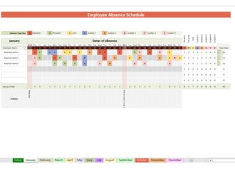 Calendario de control de ausencias de empleados 2026 | Planificador de vacaciones y bajas por enfermedad de RR. HH. editable en Excel | Hoja de cálculo de asistencia y registro mensual y anual