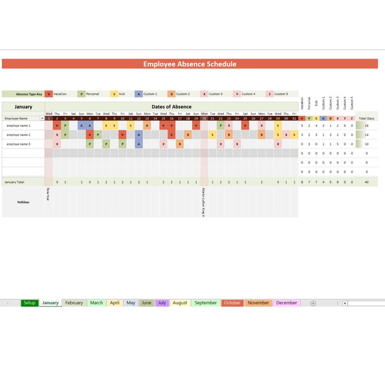 Employee Absence Tracker Calendar 2026 | Editable Excel HR Vacation and ...