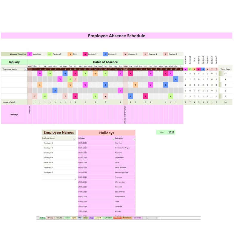 May include: An employee absence schedule for 2026, with a pink and white color scheme. The schedule includes a key for absence types, employee names, and a calendar view showing dates of absence. A separate section lists holidays.