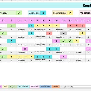 Peut inclure: Une feuille de calcul intitulée "Employee Attendance Tracker" avec une mise en page de calendrier. Le calendrier est codé par couleur pour indiquer la présence des employés, y compris présent, congé de maladie, congé personnel, vacances, absent et jours fériés. Le mois de janvier est affiché.