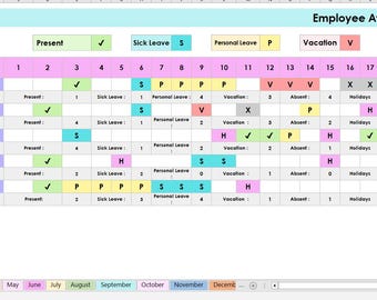 Rastreador de asistencia de empleados: programa de ausencias de empleados en Excel y Hojas de cálculo de Google. Rastreador de asistencia y ausencias para personal y gerentes de RR.