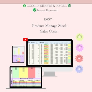 Könnte beinhalten: Eine digitale Tabelle mit Datentabellen, Diagrammen und Grafiken, beschriftet mit "Product Manage Stock Sales Costs". Das Bild enthält den Text "GOOGLE SHEETS & EXCEL" und "Instant Download."