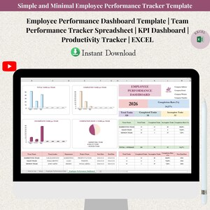 Peut inclure: Un écran d'ordinateur affiche un modèle de tableau de bord de performance des employés. La feuille de calcul comprend des graphiques et des tableaux de données pour le suivi des performances de l'équipe, des KPI et de la productivité. Le texte "Employee Performance Dashboard" est visible.