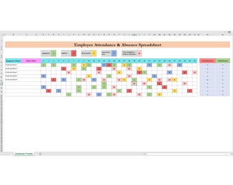 Seguimiento de asistencia y ausencia de empleados, Hojas de cálculo de Excel de Google, Horario de trabajo mensual del personal, Hoja de cálculo de RR. HH., Vacaciones, bajas por enfermedad y gestión de licencias.