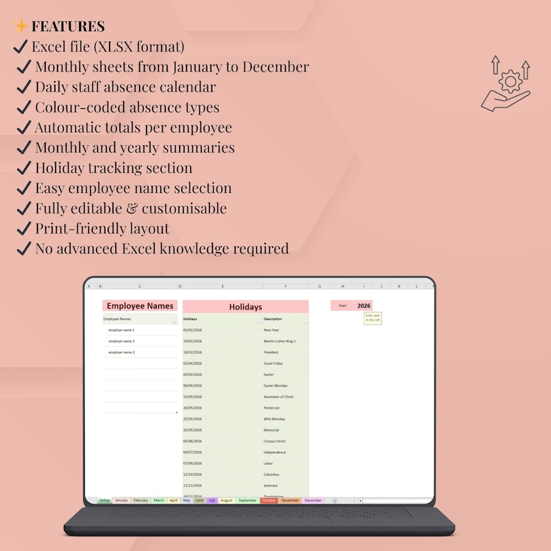 Employee Absence Tracker Calendar 2026 | Editable Excel HR Vacation and ...
