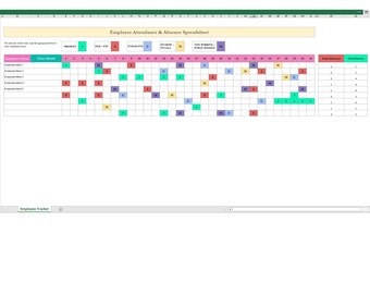 Seguimiento de asistencia y ausencia de empleados, Hojas de cálculo de Excel de Google, Horario de trabajo mensual del personal, Hoja de cálculo de RR. HH., Vacaciones, bajas por enfermedad y gestión de licencias.
