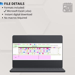 May include: A black laptop displaying a Microsoft Excel spreadsheet with a calendar layout. The spreadsheet shows a grid with colored blocks and the text "FILE DETAILS" and "Formats included: Microsoft Excel (.xlsx)". A calendar icon is in the upper right.