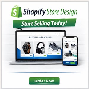 Op de afbeelding: Een laptop en smartphone met een Shopify-winkelontwerp. Het laptopscherm toont "Best Selling Products" met afbeeldingen van een horloge, koptelefoon en sneakers. De telefoon toont een vergelijkbare productweergave. De afbeelding bevat de tekst "Shopify Store Design" en "Start Selling Today!"