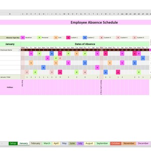 May include: A spreadsheet titled "Employee Absence Schedule" with a pink header. The grid displays employee absence data for January, with color-coded keys for different absence types. The text "January" is visible.