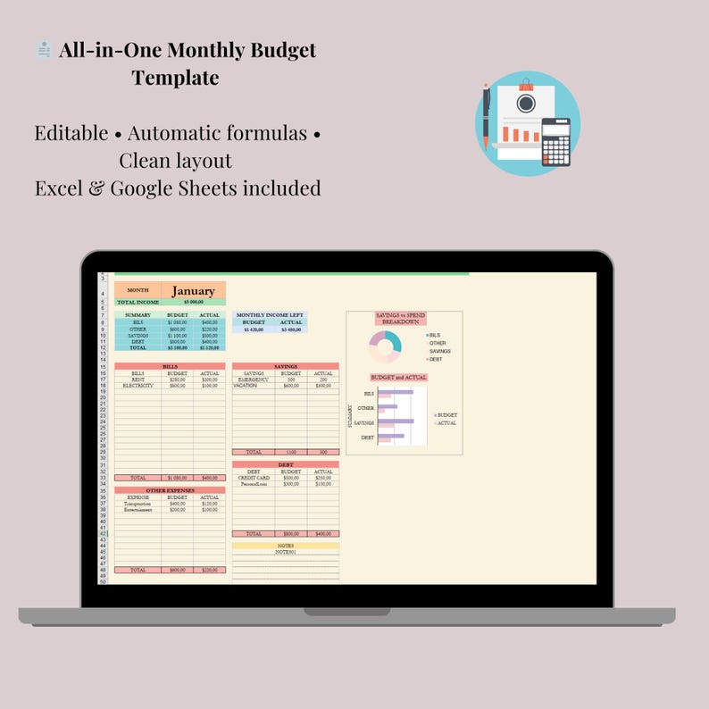 Budget Display Monthly Budget Spreadsheet | Excel & Google Sheets Budget Planner ...
