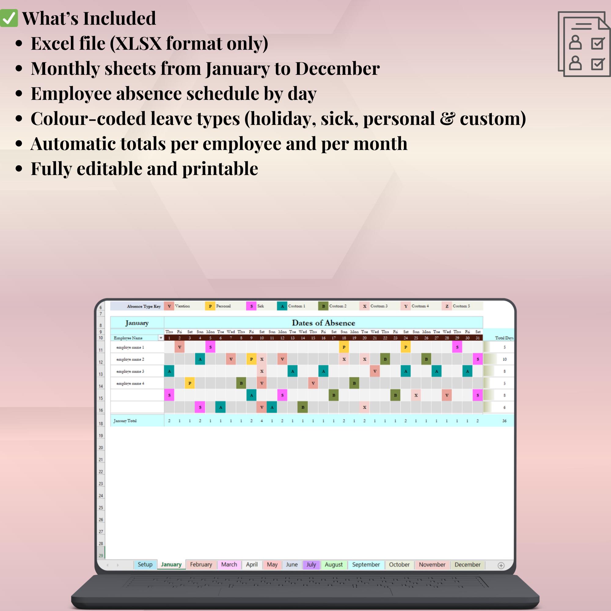 Visual Absence Calendar Employee Absence Tracker Calendar 2026 | HR Vacation Sick Leave Planner ...