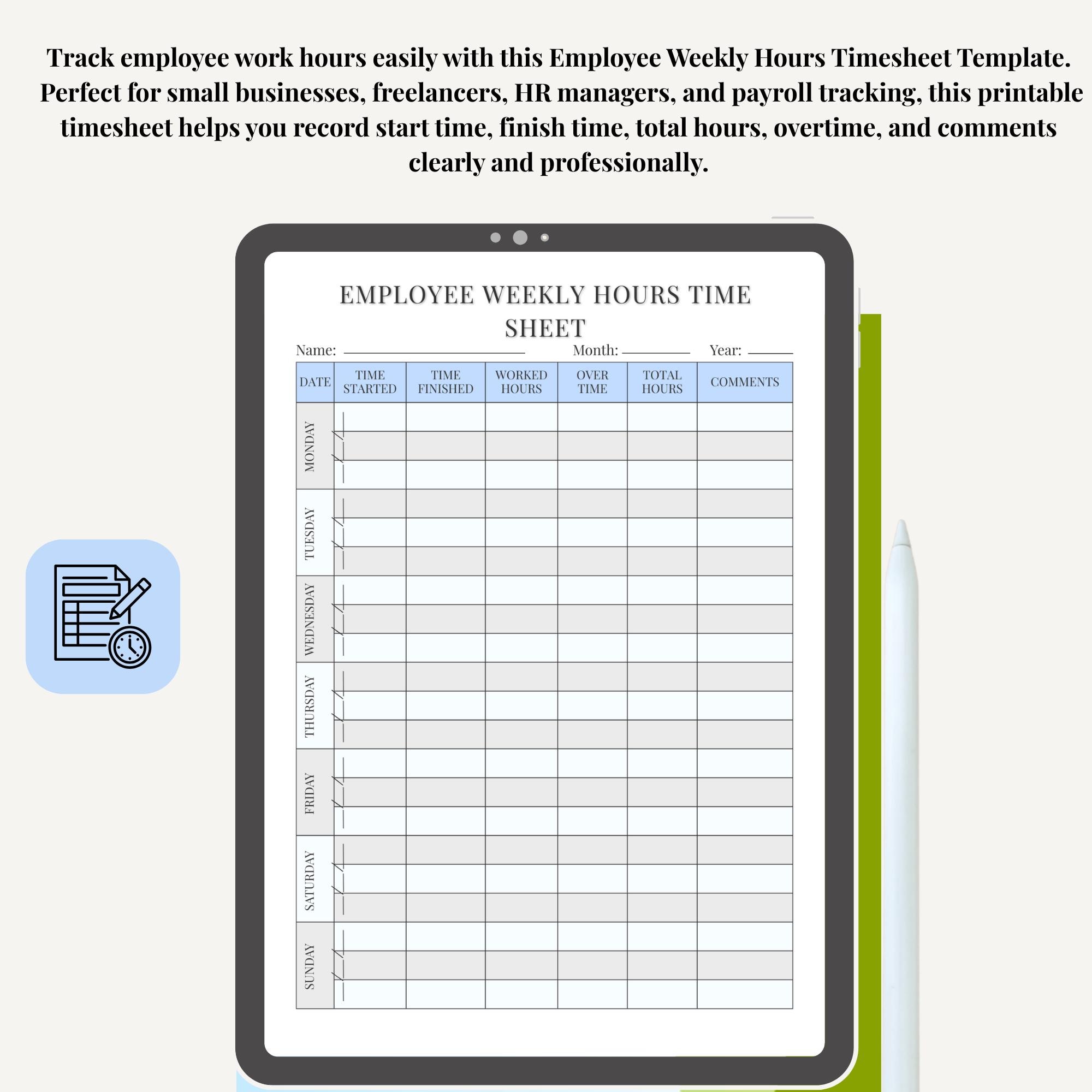 Employee Timesheet Template | Printable Weekly Work Hours Tracker PDF ...