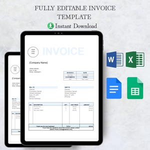 Peut inclure: Une maquette de facture numérique affichée sur une tablette, avec le texte "FULLY EDITABLE INVOICE TEMPLATE" et "Instant Download". La facture comprend des champs pour les détails de l'entreprise, les informations client et la facturation détaillée. Des icônes pour Word, Excel et d'autres formats de documents sont également présentes.