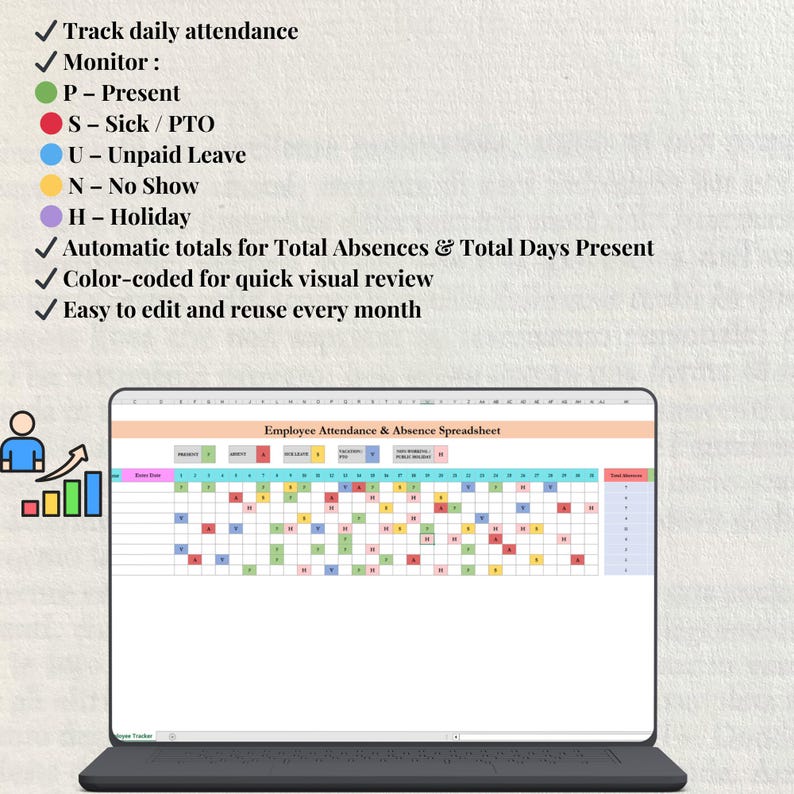 Employee Attendance & Absence Tracker Excel Google Sheetsmonthly Staff ...