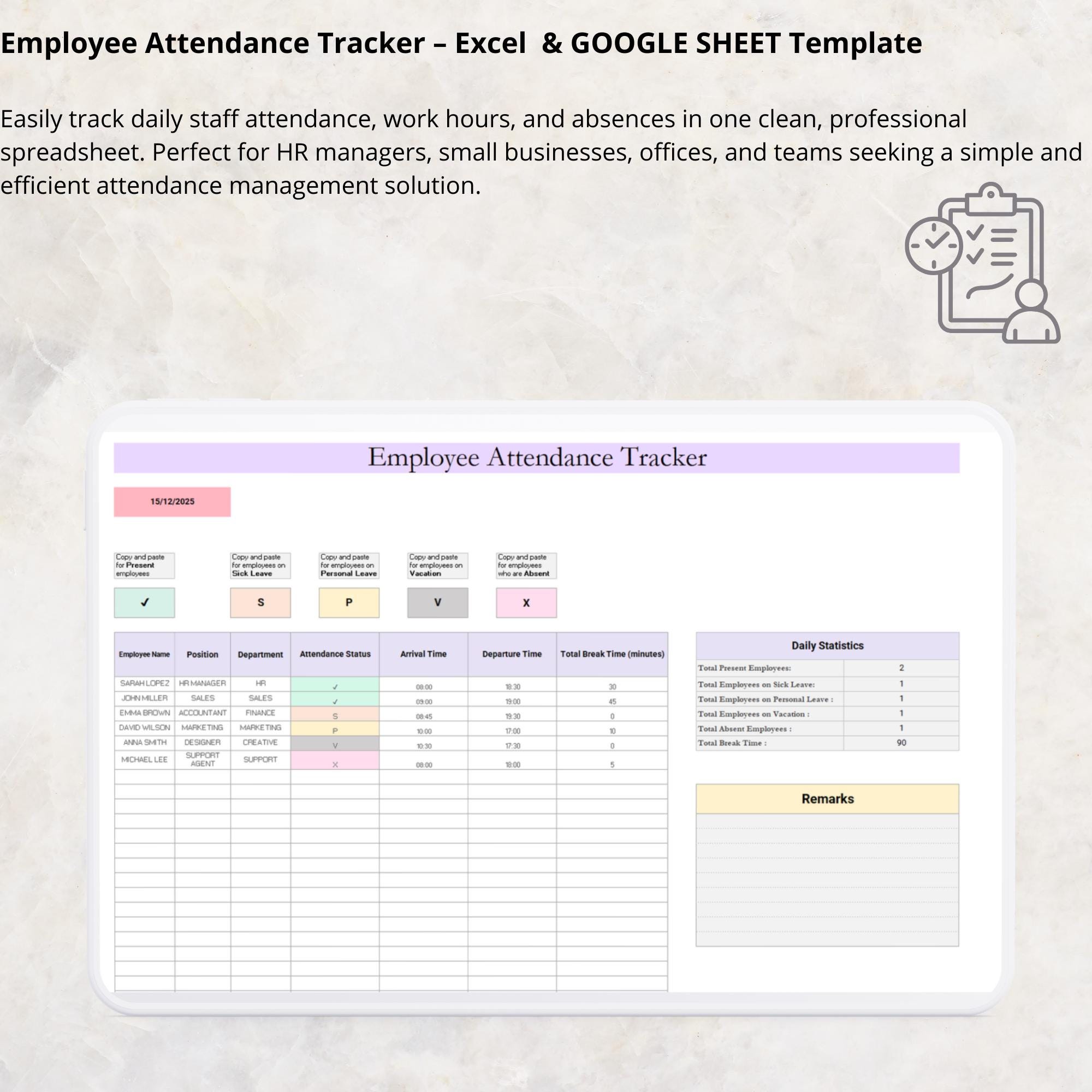 Employee Attendance Tracker Sheet Excel Google Sheets | Work Hours ...