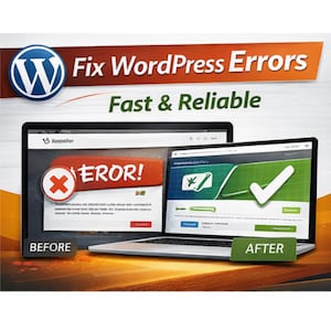 May include: Image showing two laptops, one displaying an error message and the other a success message. The text reads "Fix WordPress Errors Fast & Reliable" with the WordPress logo.