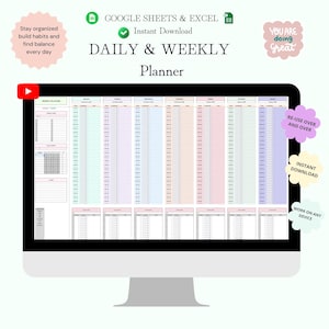 Puede incluir: Un monitor de ordenador muestra un planificador digital con el texto "DAILY & WEEKLY Planner". La pantalla muestra un diseño de hoja de cálculo con secciones codificadas por colores. El texto incluye "GOOGLE SHEETS & EXCEL" y "Instant Download."