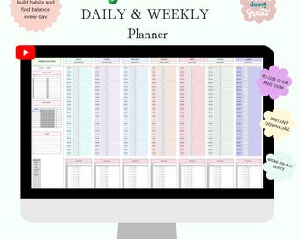 Planificador semanal, seguimiento de tareas diarias, hoja de cálculo, rutina, lista de tareas, plantilla, seguimiento de hábitos, plan de productividad, planificador de objetivos, hojas de cálculo de Google y Excel.