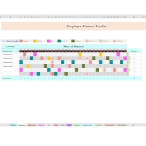 May include: An employee absence tracker spreadsheet titled "Employee Absence Tracker". The spreadsheet features a key for absence types and a calendar grid displaying absence dates for multiple employees. The colour scheme includes pink, green, blue, and beige.
