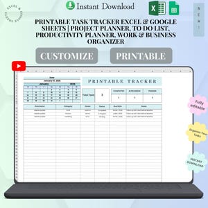 Peut inclure: Un suivi de tâches numérique affiché sur un écran d'ordinateur portable. Le tracker est conçu pour Excel et Google Sheets, avec un planificateur de projet, une liste de tâches et un organisateur de productivité. L'écran affiche un calendrier et les détails des tâches.