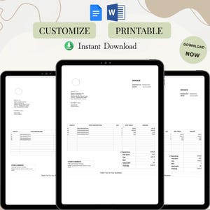 Peut inclure: Trois tablettes numériques affichant un modèle de facture personnalisable et imprimable. Le design comprend les mots "Personnaliser", "Imprimable" et "Téléchargement instantané". La facture comprend des champs pour les descriptions d'articles, les quantités et les totaux.