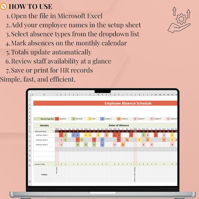 Employee Absence Tracker Calendar 2026 | Editable Excel HR Vacation and ...