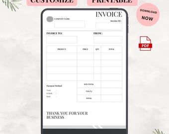 Plantilla de factura A4 imprimible | Factura comercial minimalista en PDF | Hoja de cálculo de facturación editable para pequeñas empresas y autónomos