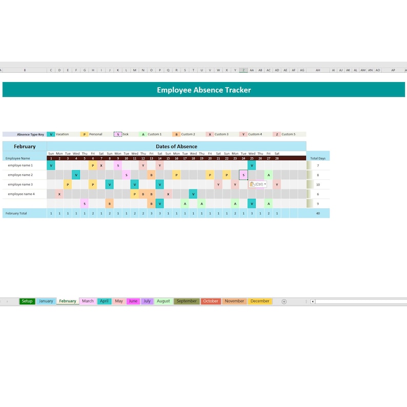 Employee Absence Tracker Calendar 2026 | HR Vacation Sick Leave Planner ...