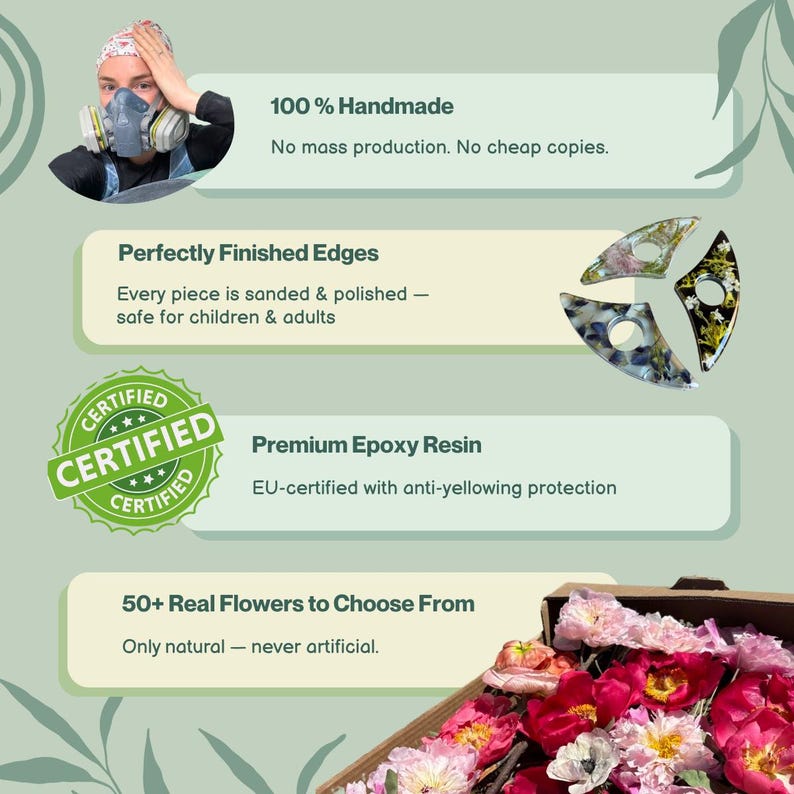 May include: Three triangular resin tools with embedded floral patterns, featuring smooth polished edges. The image includes text stating 100% Handmade, Perfectly Finished Edges, Premium Epoxy Resin, and 50+ Real Flowers to Choose From, alongside a box of flowers.