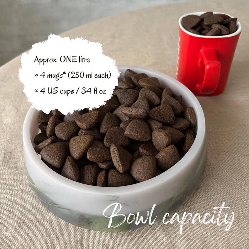 May include: A white bowl filled with dark brown triangular food pieces, next to a red mug also containing the food. Text reads: Approx. ONE litre, 4 mugs (250 ml each), 4 US cups / 34 fl oz, and Bowl capacity. The bowl has a marble-like base.