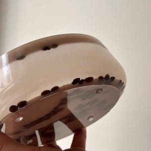 May include: A round, translucent, light beige bowl with a smooth, glossy finish. The bowl is embedded with numerous dark brown, oval-shaped coffee beans distributed throughout the material, visible through the semi-transparent walls.