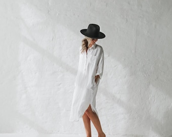 Vestido camisero de lino blanco Camisón Camisón natural Vestido lencero Ropa de dormir orgánica Batas de noche Cottagecore