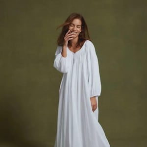 Biologische katoenen nachtjapon met lange mouwen voor dames Witte nachtjurk Lichtgewicht nachthemd Bruiloft nachtkleding