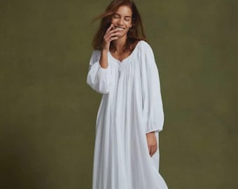 Organic  Cotton Long Sleeve Nightgown For Women  White Night Dress Lightweight Nighty Wedding Sleepwear