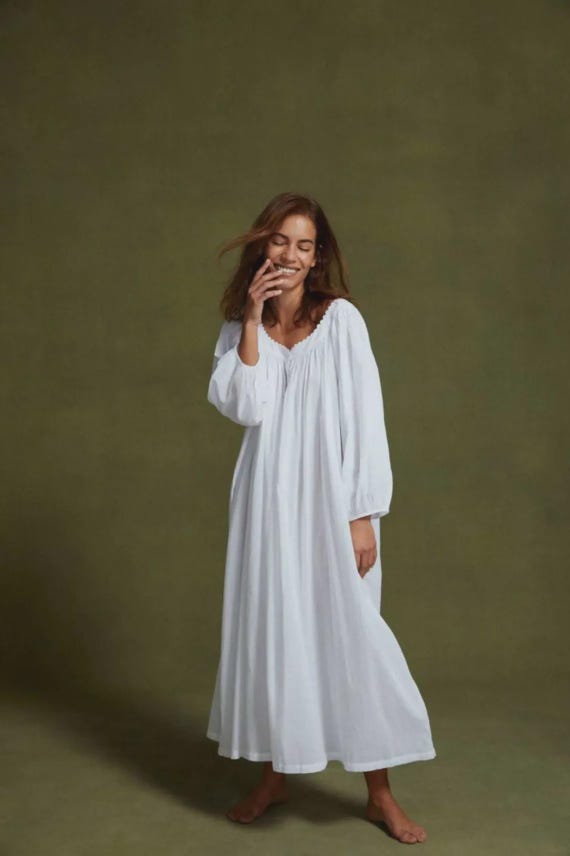 Organic Cotton Long Sleeve Nightgown For Women White Night Dress Lightweight Nighty Wedding Sleepwear