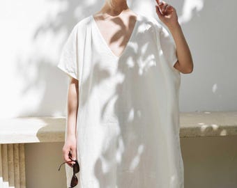 Camisón natural Camisón de lino Lino lavado suavizado Ropa de dormir Vestido de lino de talla grande Camisón Camisón