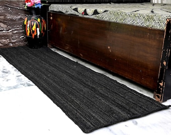 Alfombra de yute negra tejida a mano, alfombra trenzada de fibra natural, pasillo negro